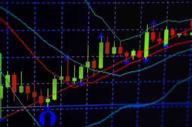 Mum çubuk grafik grafik boğa noktası veya EUR'daki aşağı hareket noktası, borsa veya borsa ticaret, yatırım ve finansal kavramı fiyat trendi aşağı veya yukarı eğilim gösteren gösterge ile.
