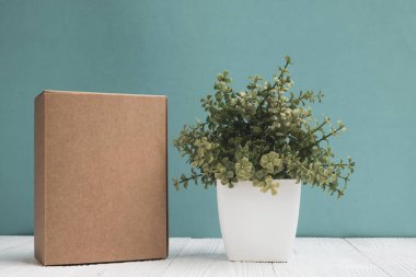 Boş paket kahverengi karton kutu veya tepsi ve küçük dekorasyon ağaç yeşil parlak beyaz tahta masada beyaz cam aranjman arka plan duvar. için kopya alan eklemek metin ya da kelime reklam.