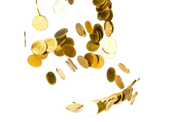 下落的金币的运动 飞行硬币 雨金钱隔绝在白色背景 商业和财务财富并且采取赢利概念想法 — 图库照片