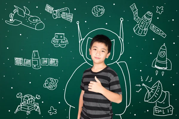 Enfant Asiatique Avec Son Imagination Sur Science Aventure Spatiale Dessiné — Photo