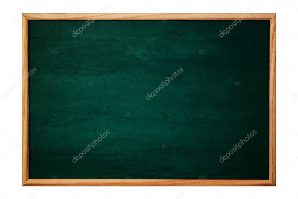 Empty green chalkboard or school board background and texture with wood frame, education and back to school concept idea.