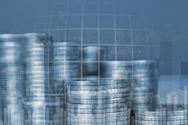 Çift pozlama ile şehir ve arka plan, iş ve finansal kavram fikir ofis binası üzerinde mali çizge madeni para yığını.