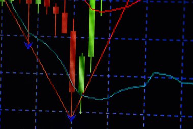 Mum çubuk grafik grafik boğa noktası veya EUR'daki aşağı hareket noktası, borsa veya borsa ticaret, yatırım ve finansal kavramı fiyat trendi aşağı veya yukarı eğilim gösteren gösterge ile.