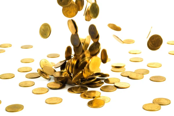 Fallende Goldmünzen Geld Isoliert Auf Weißem Hintergrund Geschäftsgeld Und Finanzkonzept — Stockfoto