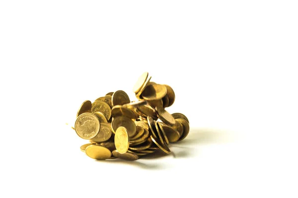 Objętych Pieniądze Złote Monety Białym Tle Tło Biznes Pieniądze Finanse — Zdjęcie stockowe