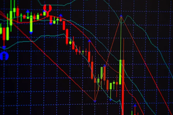 带指示器的蜡烛棒图图表显示看涨点或看跌点 股票市场或股票交易 投资和金融概念的上涨趋势或下跌趋势 — 图库照片