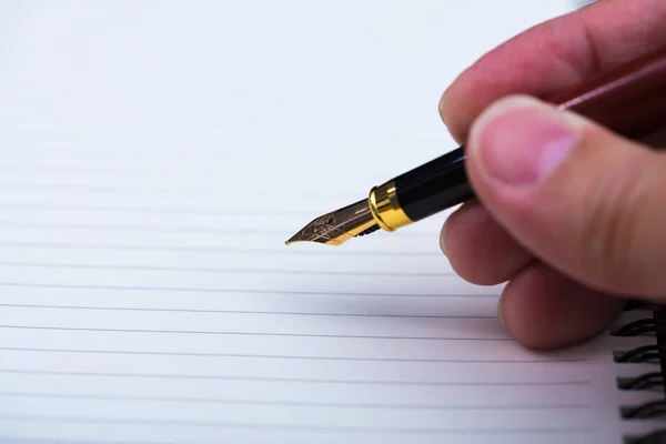 Man Hand Writing Fountain Pen Ink Pen Notebook Paper Wooden — Stock Photo, Image
