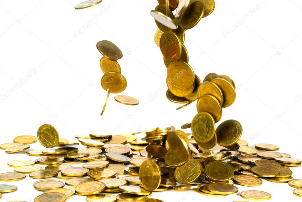 Falling gold coin, flying coin, rain money isolated on white background, business and financial wealth and take profit concept idea.