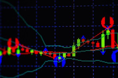 Mum çubuk grafik grafik boğa noktası veya EUR'daki aşağı hareket noktası, borsa veya borsa ticaret, yatırım ve finansal kavramı fiyat trendi aşağı veya yukarı eğilim gösteren gösterge ile.