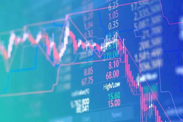 株式市場価格画面背景 証券取引所の取引 金融の概念のアイデアとインジケーター付きキャンドル スティック グラフの二重露光 — ストック写真