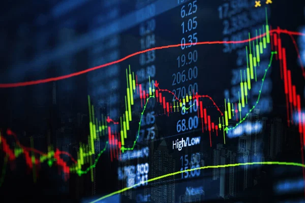 Borsa fiyatı ekran ve şehir arka plan, borsa ticaret, yatırım ve finansal kavram fikir göstergesi olan mum çubuk grafik grafik çift pozlama.