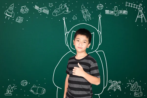 Asian Kid His Imagination Science Space Adventure Hand Drawn Green — Stock Photo, Image