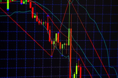 Mum çubuk grafik grafik boğa noktası veya EUR'daki aşağı hareket noktası, borsa veya borsa ticaret, yatırım ve finansal kavramı fiyat trendi aşağı veya yukarı eğilim gösteren gösterge ile.