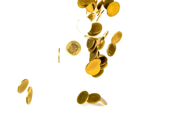 下落的金币的运动 飞行硬币 雨金钱隔绝在白色背景 商业和财务财富并且采取赢利概念想法 — 图库照片