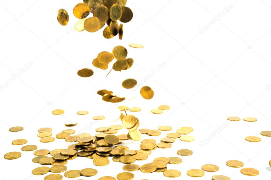 Falling gold coins money isolated on the white background, business money and finance concept idea.