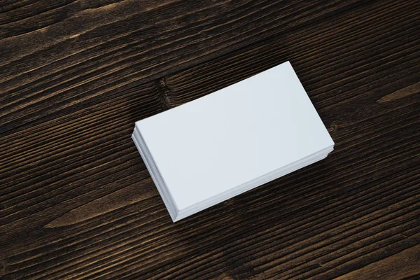 Tarjetas Visita Blanco Mesa Trabajo Madera Con Espacio Copia Para — Foto de Stock