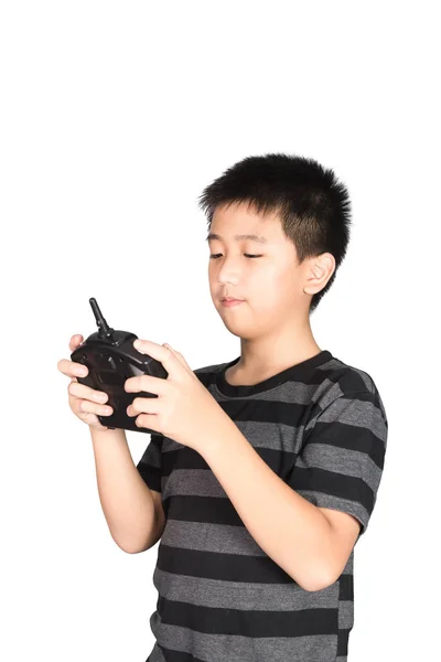 Asian Boy Holding Hexacopter Drone Radio Remote Control Controlling Handset — Stock Photo, Image