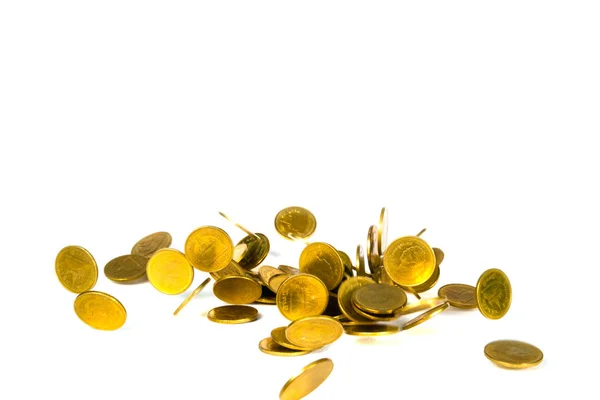 Movement Falling Gold Coin Flying Coin Rain Money Isolated White — Stock Photo, Image
