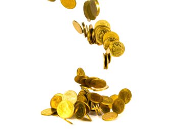 Beyaz arka plan, iş ve mali servet izole para yağmur ve kar kavramı fikir alabilir düşen altın sikke, sikke, uçan hareketi.