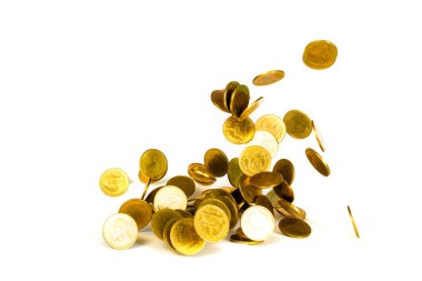 Beyaz arka plan, iş ve mali servet izole para yağmur ve kar kavramı fikir alabilir düşen altın sikke, sikke, uçan hareketi.