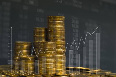 Borsa ekran grafik kartı ve mum sopa mali iş ve yatırımcı analiz kavramı fikir için para yığınının çift pozlama.