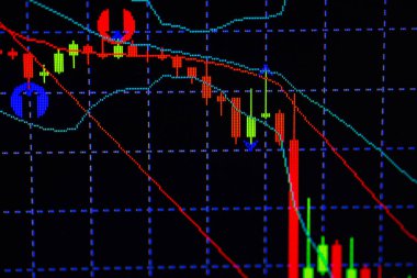 Mum çubuk grafik grafik boğa noktası veya EUR'daki aşağı hareket noktası, borsa veya borsa ticaret, yatırım ve finansal kavramı fiyat trendi aşağı veya yukarı eğilim gösteren gösterge ile.