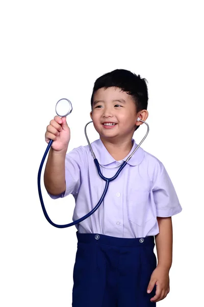 Asiatiska Thailändska Dagis Student Kid Skoluniform Spelar Medicinsk Stetoskop Isolerad — Stockfoto