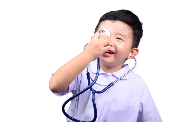 Asiático Tailandés Kindergarten Estudiante Niño Uniforme Escolar Jugando Estetoscopio Médico — Foto de Stock