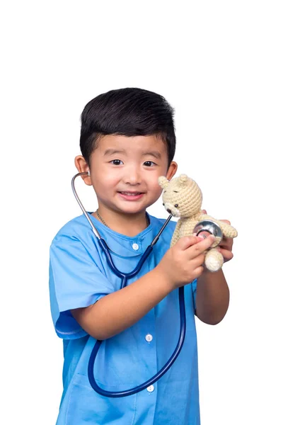 Criança Tailandesa Asiática Sorridente Uniforme Médico Azul Segurando Estetoscópio Isolado — Fotografia de Stock