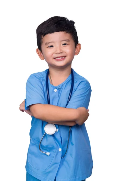 Lachende Aziatische Thaise Kid Blauwe Medische Uniform Stethoscoop Geïsoleerd Wit — Stockfoto