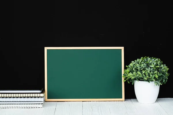 Back School Education Concept Idea Green Chalkboard Pile Notebook Paper — Stock Photo, Image