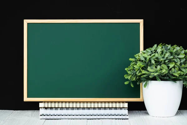Back School Education Concept Idea Green Chalkboard Pile Notebook Paper — Stock Photo, Image