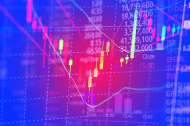 Borsa fiyatı ekran arka planı, borsa ticaret, yatırım ve finansal kavram fikir göstergesi olan mum çubuk grafik grafik çift pozlama.