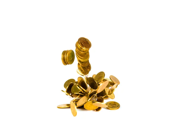 Pohyb Padající Zlaté Mince Létající Mince Pršet Peníze Izolovaných Bílém — Stock fotografie
