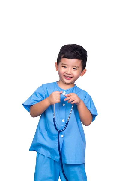 Smiling Asian Thai Kid Blue Medical Uniform Holding Stethoscope Isolated — Stock Photo, Image