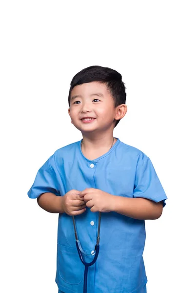 Lachende Aziatische Thaise Kid Blauwe Medische Uniform Stethoscoop Geïsoleerd Wit — Stockfoto