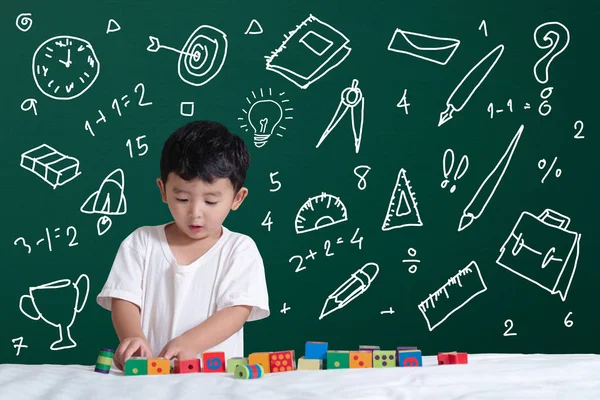 Asian Kid Learning Playing His Imagination Stationery Supplies School Object — Stock Photo, Image