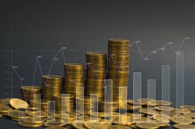 Çift Pozlama artan sütunları sikke, sikke ile birlikte finansal grafik, kavram fikir bankacılık iş karanlık odada grafik olarak düzenlenmiş yığınları