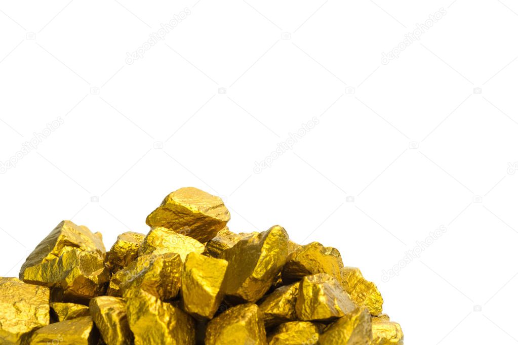 A pile of gold nuggets or gold ore on white background, precious stone or lump of golden stone, financial and business concept idea.