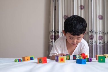 3 yıl eski küçük şirin Asyalı çocuk oynamak oyuncak ya da kare blok bulmaca evde yatakta, yalan blok şekli veya parçalar, eğitim ve sağlıklı kavramı oynayarak öğrenmek.