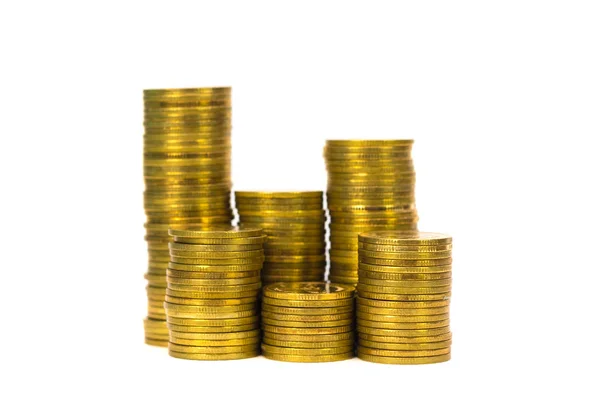 Münzsäulen Stapel Von Münzen Auf Weißem Hintergrund Geschäftsidee Und Finanzkonzept — Stockfoto
