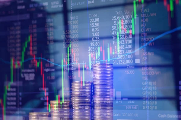 Doppelbelichtung Des Münzstapels Mit Börsenbildschirmdiagramm Und Kerzenständer Für Finanzgeschäfte Und — Stockfoto