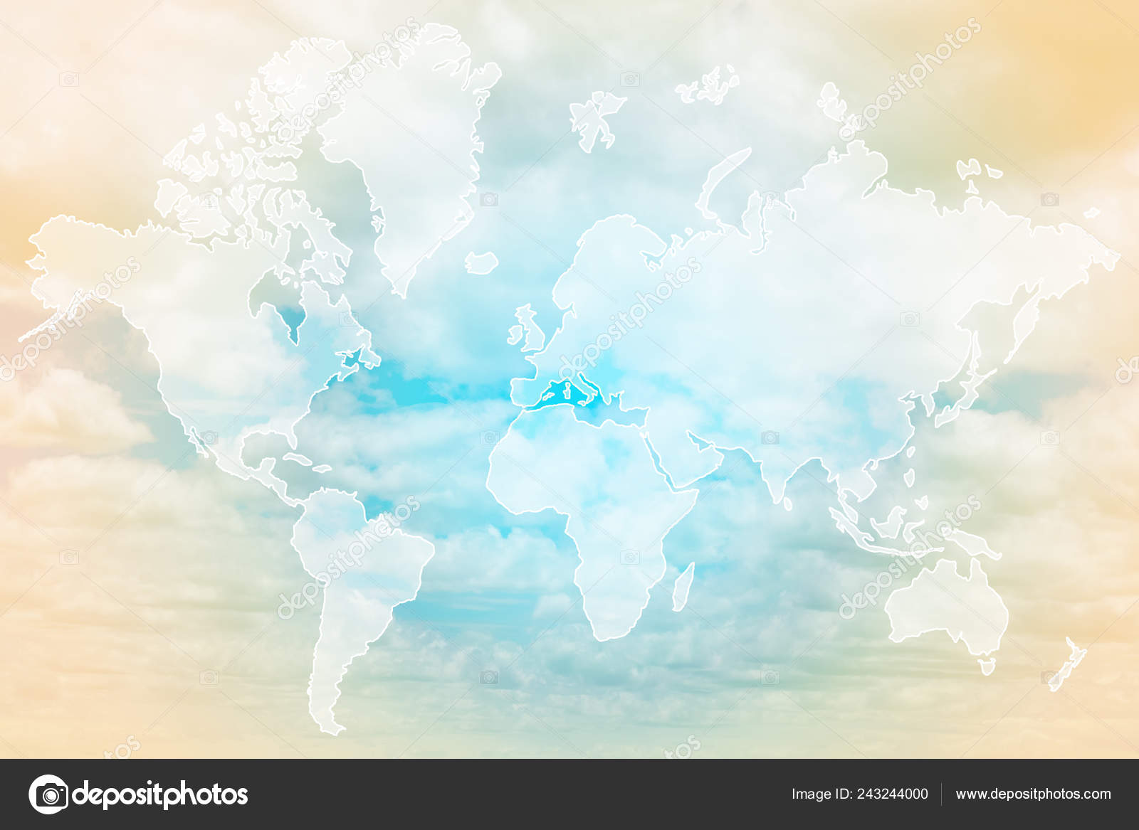 双曝光的世界地图上面的甜粉彩彩色云和天空与太阳光柔和多云与梯度柔和的颜色背景元素由美国宇航局——图库图片©, image size:1600x1167