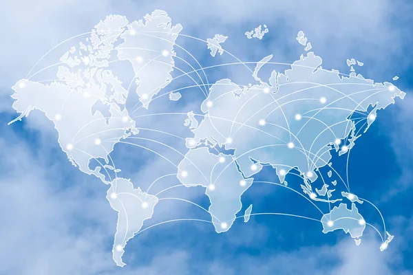 Doppelbelichtung Von Weltkarte Und Globalem Netzwerk Oder Drahtlosem Kommunikationsnetzwerk Über — Stockfoto