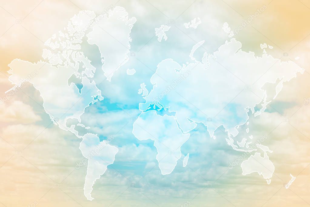 Double exposure of world map above sweet pastel colored cloud and sky with sun light, soft cloudy with gradient pastel color background, element by NASA.