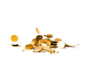 Beyaz arka plan, iş ve mali servet izole para yağmur ve kar kavramı fikir alabilir düşen altın sikke, sikke, uçan hareketi.