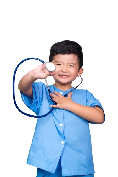 Niño Tailandés Asiático Sonriente Con Uniforme Médico Azul Que Sostiene —  Fotos de Stock