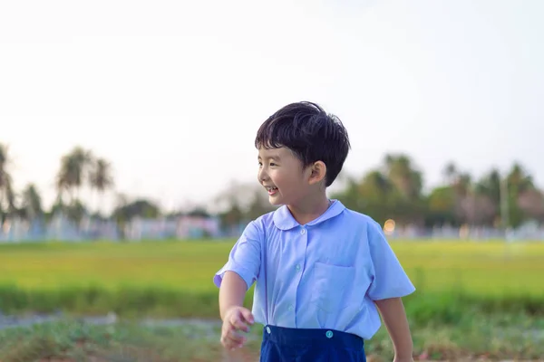 Outdoor Portrait Happy Asian Student Kid School Uniform Smiling Copy — Stock Photo, Image