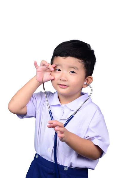 Asiática tailandesa kindergarten estudiante niño en escuela uniforme jugando yo — Foto de Stock