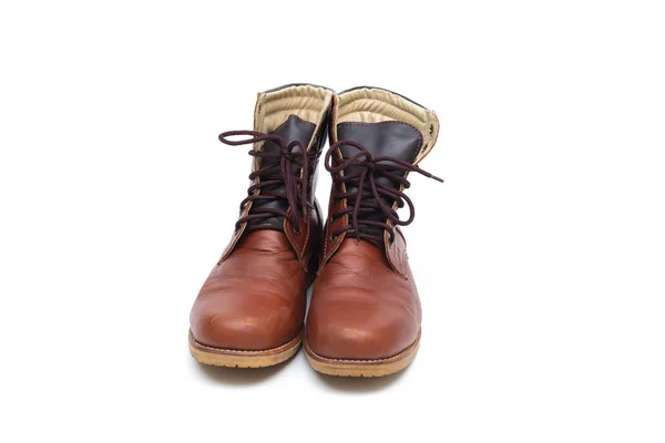Férfi barna bőr boot, cipő divat elszigetelt fehér fonákkal — Stock Fotó